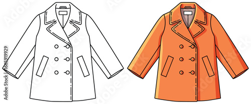 Coat vector illustration showing fashion garment design in flat color style with modern outline drawing for clothing template and apparel mockup