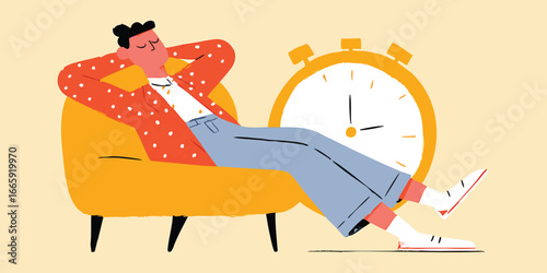 A person relaxes leisurely with their arms behind their head in a soft, upholstered chair with a clock nearby. A visual portrayal of relaxation and tranquility.