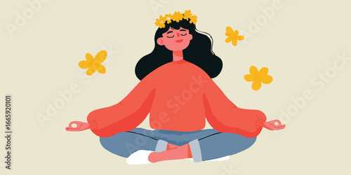 A serene illustration depicts a woman embracing tranquility, meditating amidst a whimsical arrangement of stylized floral elements, representing a state of peaceful mindfulness.