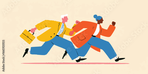 Dynamic illustration showcasing two business professionals sprinting forward, embodying competition and ambition.This illustration is a perfect visualization for fast-paced business concepts.