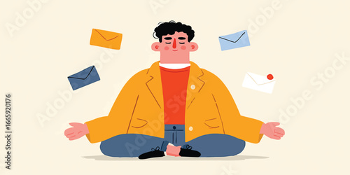 A focused individual maintains serenity amidst a whirlwind of incoming messages, embodying digital tranquility.