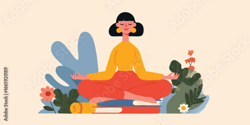 In a serene illustration, a woman sits gracefully in a meditative pose, embodying tranquility and inner peace. The scene is surrounded by organic elements that promote well-being.