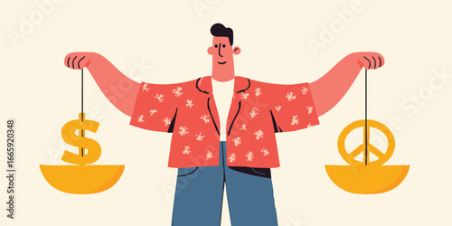 A thought-provoking illustration portraying a man balancing the symbolic weights of wealth and peace, reflecting the complex interplay between financial matters and social harmony.