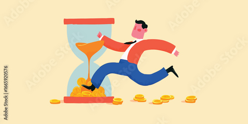 An animated depiction of time slipping away, a business figure rushes past a digital hourglass overflowing with gold coins, depicting urgency and the race against deadlines.
