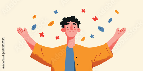 A joyful individual stands with arms outstretched, embracing a state of pure bliss and contentment, surrounded by a cascade of vibrant shapes, encapsulating a moment of positivity and mental freedom.