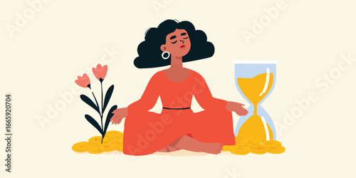 A serene illustration captures a moment of mindfulness. A woman is meditating, her form radiating peace and tranquility, and embodying themes of wellness and self-care.
