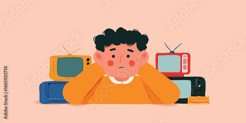 A person covers ears and feels upset as vintage televisions surround him, which captures the impact of noise pollution.