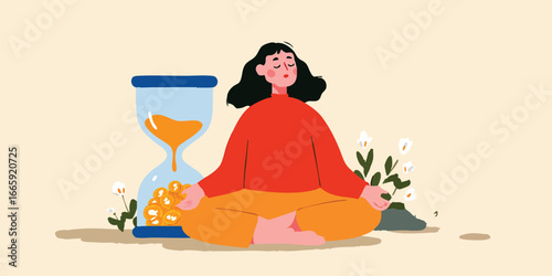 A woman is in a peaceful and mindful pose of meditation and sitting cross-legged next to a hourglass of financial resources, money, suggesting a balance between inner peace and wealth accumulation.