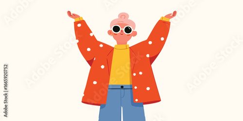 A stylish character spreads arms, embodying a carefree spirit, adorned in a colorful, modern outfit, against a clean, neutral background.