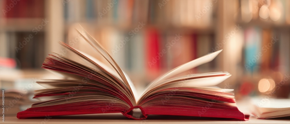 Obraz premium The Book Open on a Table with Blurred Library Background Evoking Warm Study