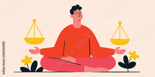 A serene individual finds balance and inner peace through meditation. The illustration captures a harmonious state of mind.