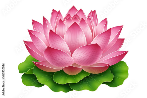 Pink Lotus Flower Illustration on Green Leaves Isolated on Transparent Background