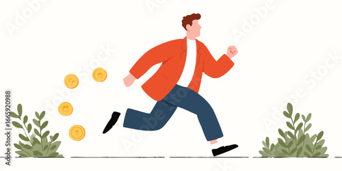 A dynamic illustration captures the concept of wealth acquisition as a man sprints towards financial goals. Coins trail behind, symbolizing financial success and the pursuit of riches.