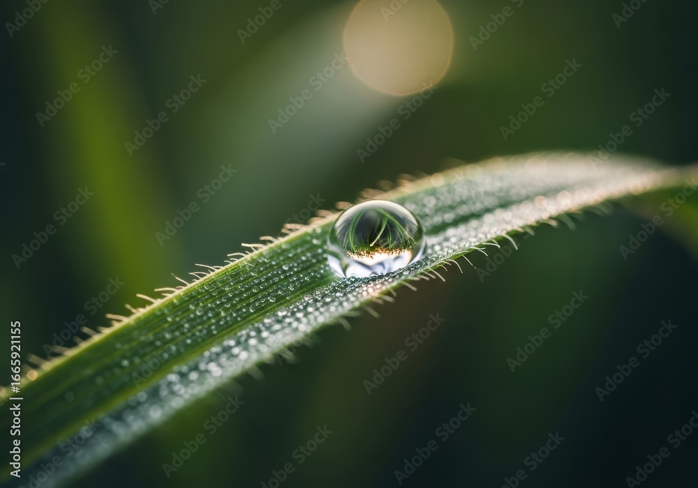 Fototapeta premium Close-up view of a single water droplet resting on a blade of grass, showcasing intricate details.