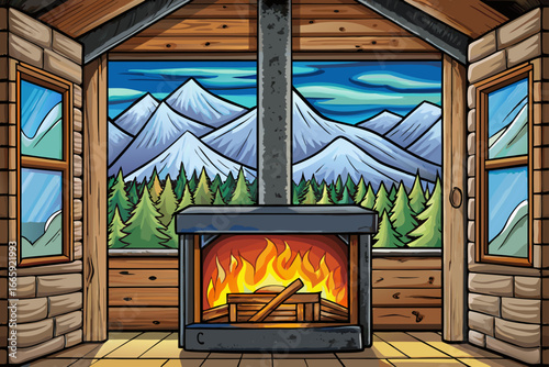 Fireplace inside wooden cabin with cozy mountain view outside window cartoon