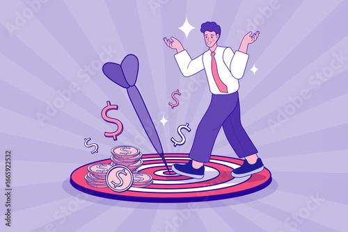 Confident businessman celebrates achieving a financial goal as a dart hits the bullseye. This vibrant illustration perfectly visualizes concepts of marketing success, precise strategy, and profitable 