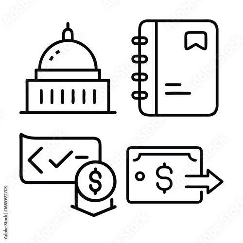A collection of four line art icons representing government, planning, finance, and transactions.