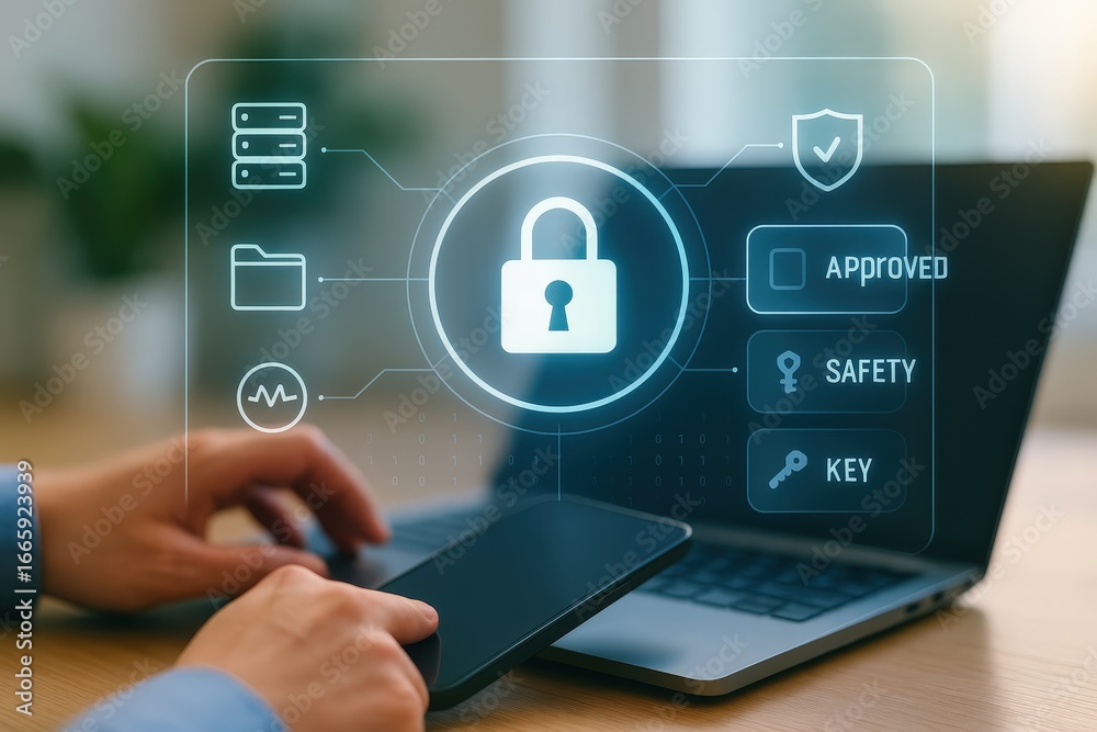 Fototapeta premium A person interacts with a modern digital interface showcasing security concepts, such as approval, safety, and keys, overlaid on a laptop and tablet.