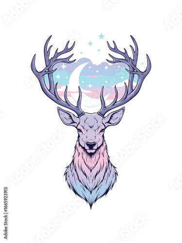 A fantasy illustration of a majestic stags head with a celestial night sky moon and stars within its large antlers.