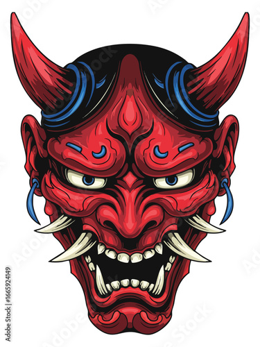 Oni Mask: Red Japanese Demon with Horns and Sharp Teeth.