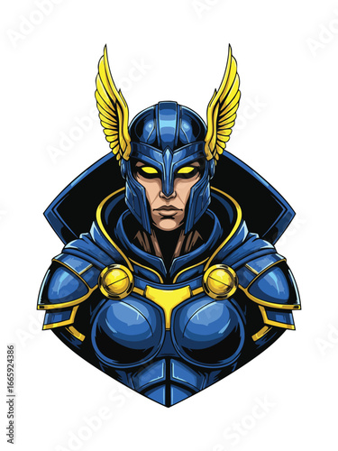 Mighty female warrior in blue and gold winged armor helmet.