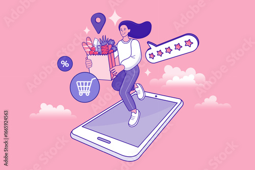 A woman uses a mobile app for fast grocery delivery. This vector art with a shopping cart and 5-star review is ideal for promoting online supermarkets and food delivery services.