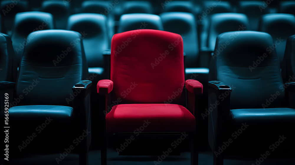 Fototapeta premium A single red chair in an empty theater among the black chairs. Illustration for a cinema background.