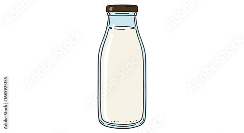 Cartoon milk bottle illustration with a brown cap, filled with creamy white liquid and outlined in black
