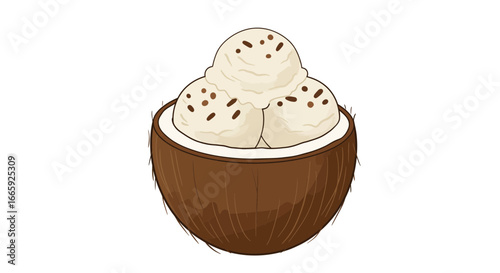Creamy vanilla ice cream scoops served in a natural coconut shell with chocolate sprinkles, a tropical dessert illustration