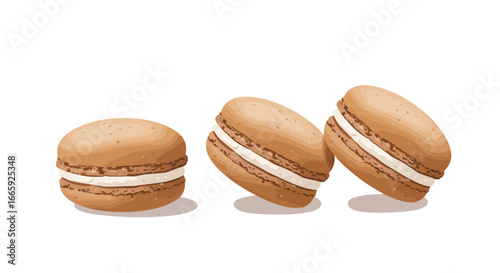 Delicious brown macarons with creamy filling arranged on white background in vector illustration, tempting dessert