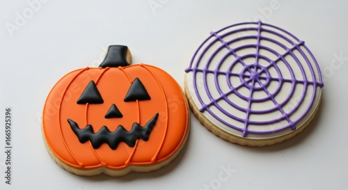 Festive Halloween pumpkin and spiderweb cookies ready for party fun