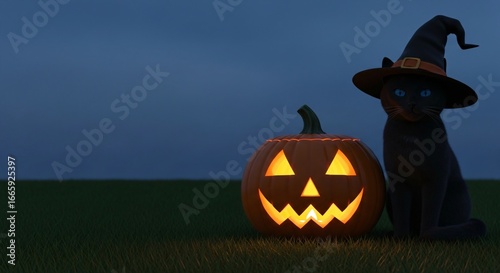 Black cat in witch hat beside glowing jack-o'-lantern