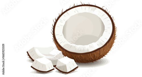 Fresh coconut half with pieces of coconut fruit illustration featuring tropical vibes and refreshing taste on a white background