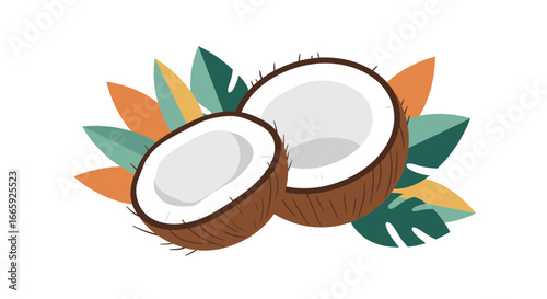 Halved coconuts surrounded by tropical leaves create a refreshing summer vibe in a vector illustration, perfect for exotic themes