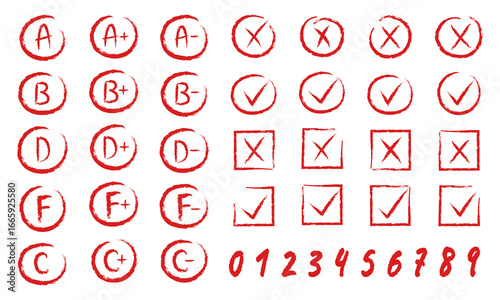 Set of rough chalk symbols in red: circled A,B,C,D,F grades, plus and minus marks, checked boxes, X boxes, and handwritten 0–9 digits.