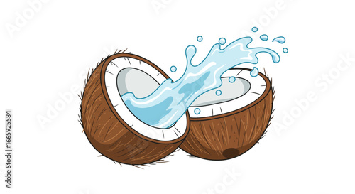 Illustration of a Cracked Coconut with Splashing Water, Revealing Freshness and Tropical Essence for Summer