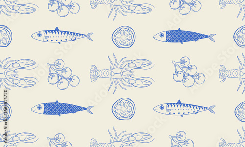 Vector hand-drawn seamless pattern with sardines, lobsters, lemons, and tomatoes. Mediterranean summer illustration.