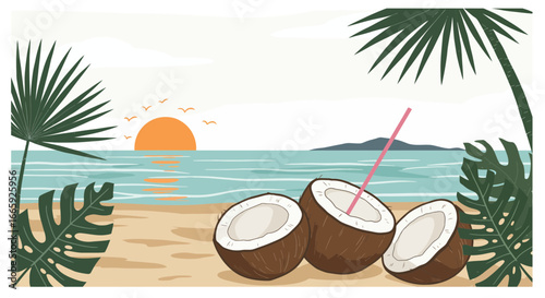Tropical beach scenery with coconuts, palm trees, and a vibrant sunset, perfect for summer vacation vibes