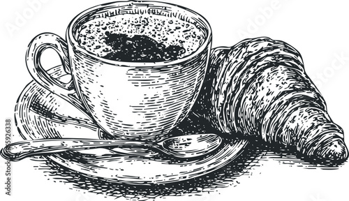 Espresso coffee in a mug with a croissant and spoon