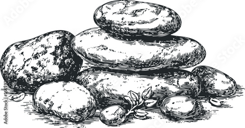 Vintage Style Woodcut Depiction of a Pile of Earthy Root Vegetables with Leaves