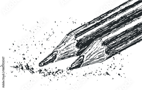 Two graphite pencils breaking apart with wood shavings and graphite dust