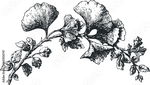 Hand drawn black and white sketch of Ginkgo Biloba leaves on a branch
