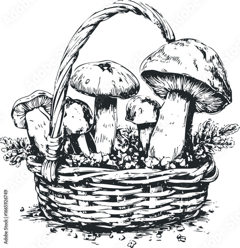 Woven basket filled with forest mushrooms and foliage