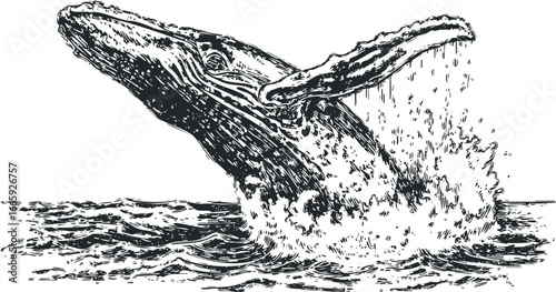 Humpback whale breaching from ocean water with dramatic splash