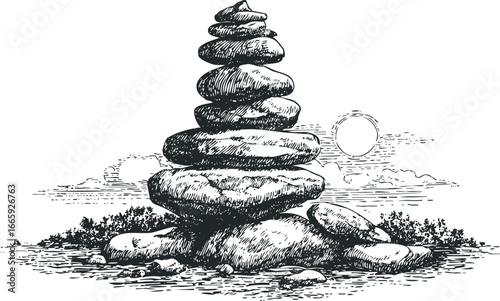 Stacked balanced stones create a cairn beside a body of water with a sun symbol above