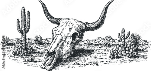 Longhorn Skull and Cacti in a Dry Arid Landscape Scene