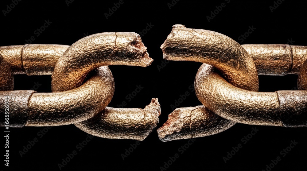 Obraz premium A broken golden chain against a stark black background, symbolizing struggle and liberation.