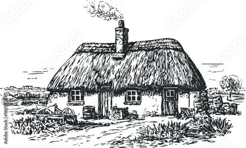 Hand drawn sketchy thatched roof cottage with smoking chimney in rural setting