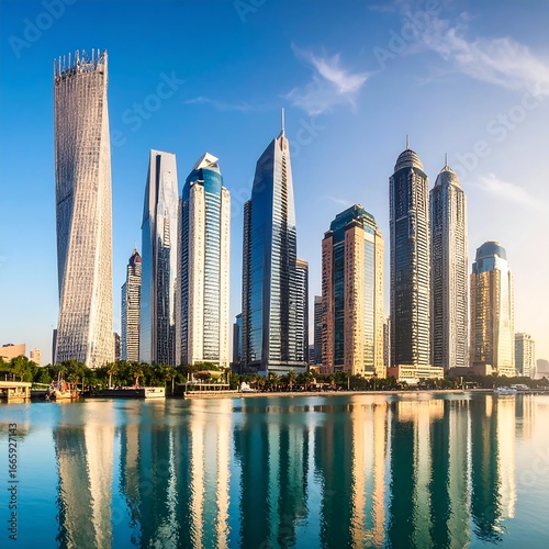 Modern city skyline reflected in a calm lake