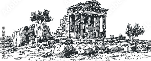 Ancient stone ruins of a weathered temple with surrounding boulders and sparse vegetation